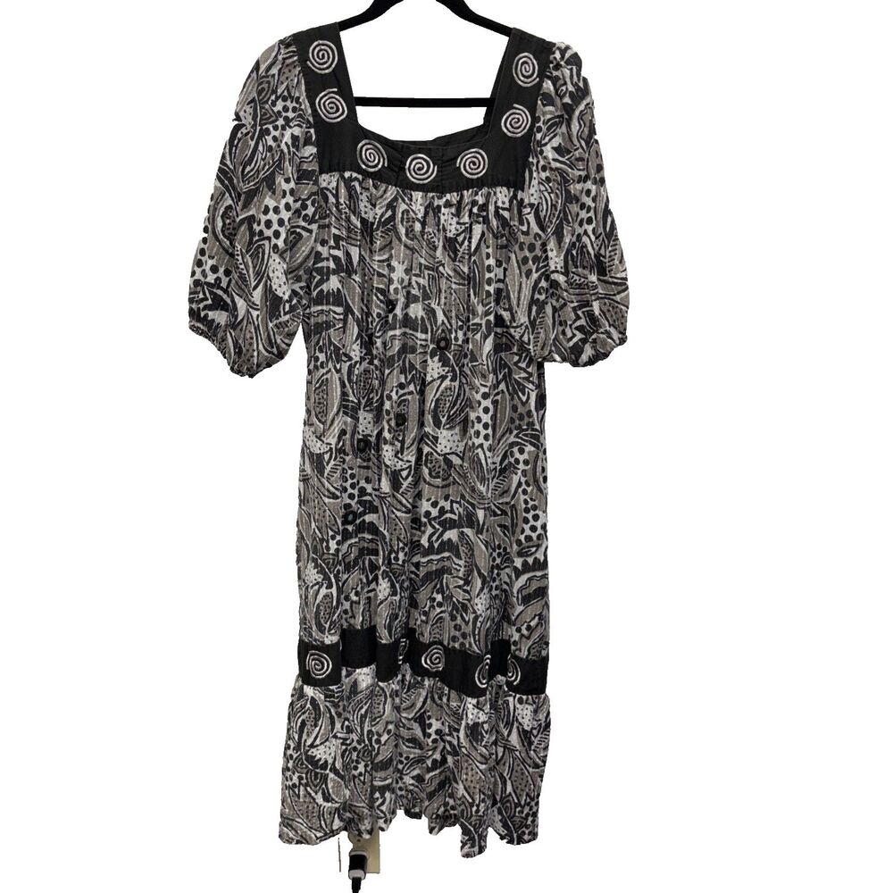 Ramona Rull Dress Floral Black White Ruffle Boho Mirrored Embroidered 1X Vintage